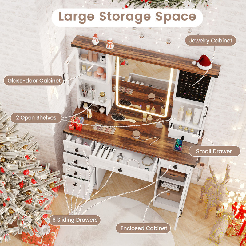 Farmhouse Vanity Desk with Lighted Mirror and Doors, Makeup Vanity Table with Drawers, Charging Station, Ring Organizer