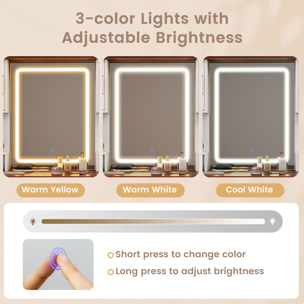 Farmhouse Vanity Desk with Lighted Mirror and Doors, Makeup Vanity Table with Drawers, Charging Station, Ring Organizer