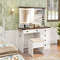 Farmhouse Vanity Set with Mirror and 3-Color Lighting, Charging Station, Drawers, Stool with Storage, Makeup Desk