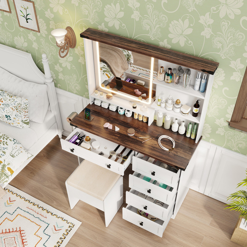 Farmhouse Vanity Set with Mirror and 3-Color Lighting, Charging Station, Drawers, Stool with Storage, Makeup Desk