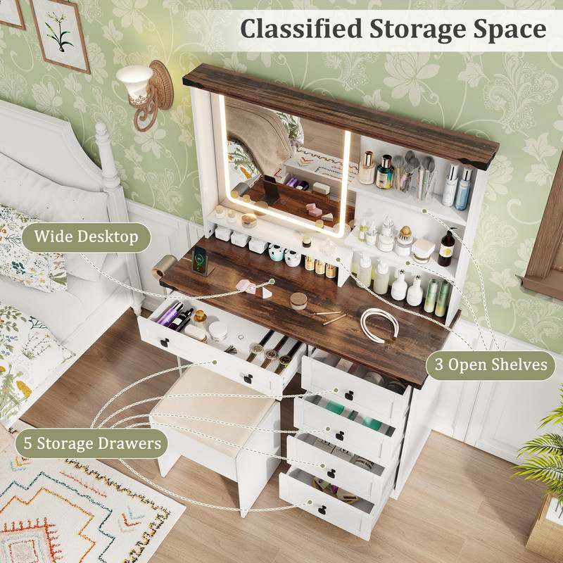 Farmhouse Vanity Set with Mirror and 3-Color Lighting, Charging Station, Drawers, Stool with Storage, Makeup Desk