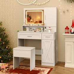 makeup vanity desk with mirror and lights, dressing table with stool, charging station, storage drawers, jewelry cabinet