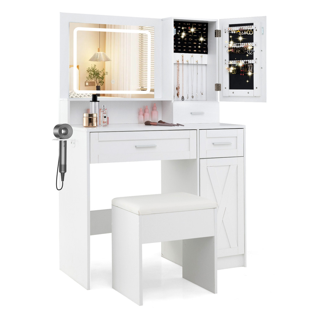 Makeup Vanity Desk with Mirror and Lights, Dressing Table with Stool, Charging Station, Storage Drawers, Jewelry Cabinet