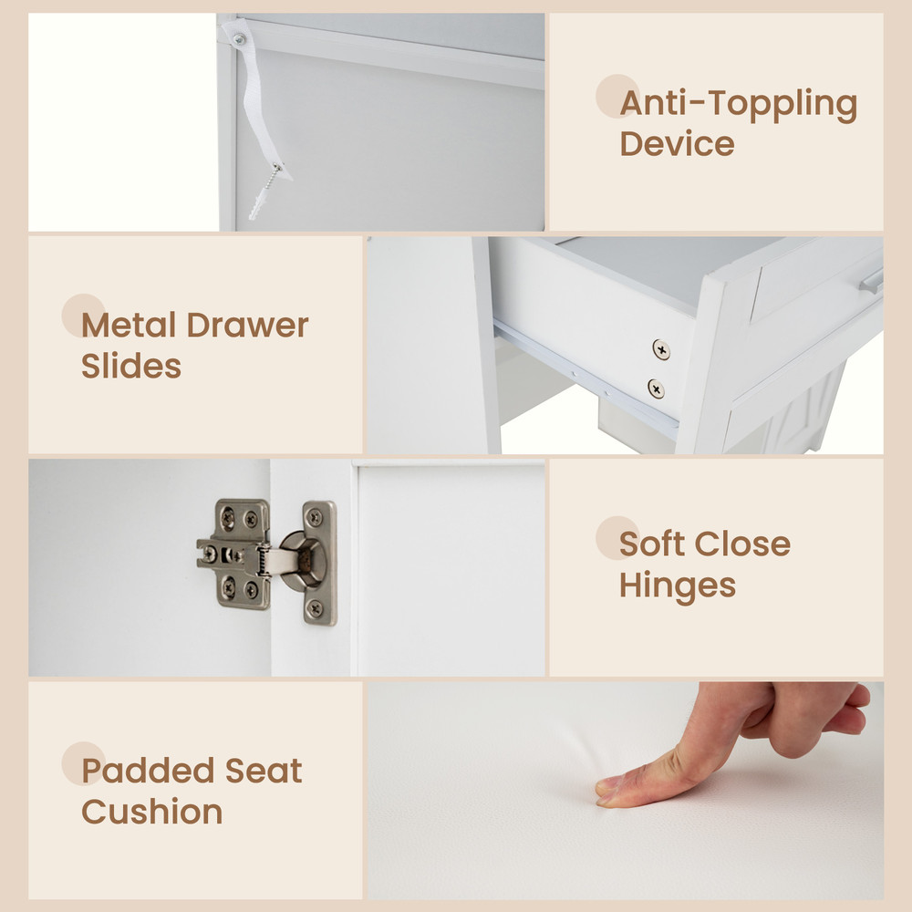 Makeup Vanity Desk with Mirror and Lights, Dressing Table with Stool, Charging Station, Storage Drawers, Jewelry Cabinet