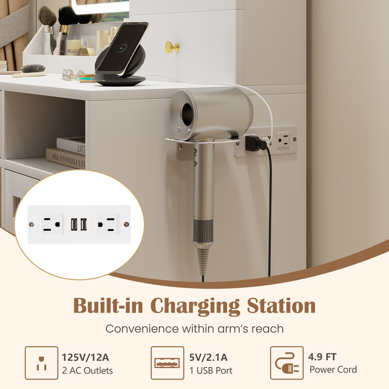 Modern Makeup Vanity Desk with Mirror and Lights and Stool Set, LED Lighted Dressing Table with Charging Station, Drawer