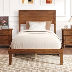 retro twin/full/queen size bed frame with headboard & wooden slats support – sturdy acacia wood platform bed