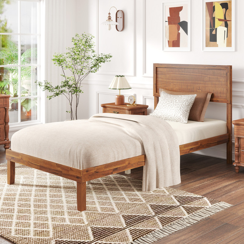 Retro Twin/Full/Queen Size Bed Frame with Headboard & Wooden Slats Support – Sturdy Acacia Wood Platform Bed