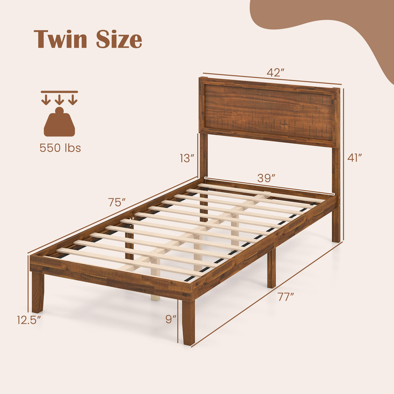 Retro Twin/Full/Queen Size Bed Frame with Headboard & Wooden Slats Support – Sturdy Acacia Wood Platform Bed