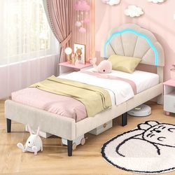 upholstered led bed frame with adjustable flower headboard – rgb lights, remote control & stable metal support feet