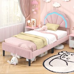 pink upholstered led bed frame with adjustable flower headboard & sturdy metal support feet
