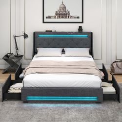 queen size upholstered platform bed frame with led lights & charging station, rgb lighting & storage drawers