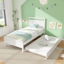 twin size wooden bed frame with trundle, sturdy platform bed for teens, adults