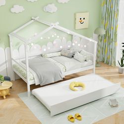 kids twin size house bed with trundle and roof, wooden playful sleep solution