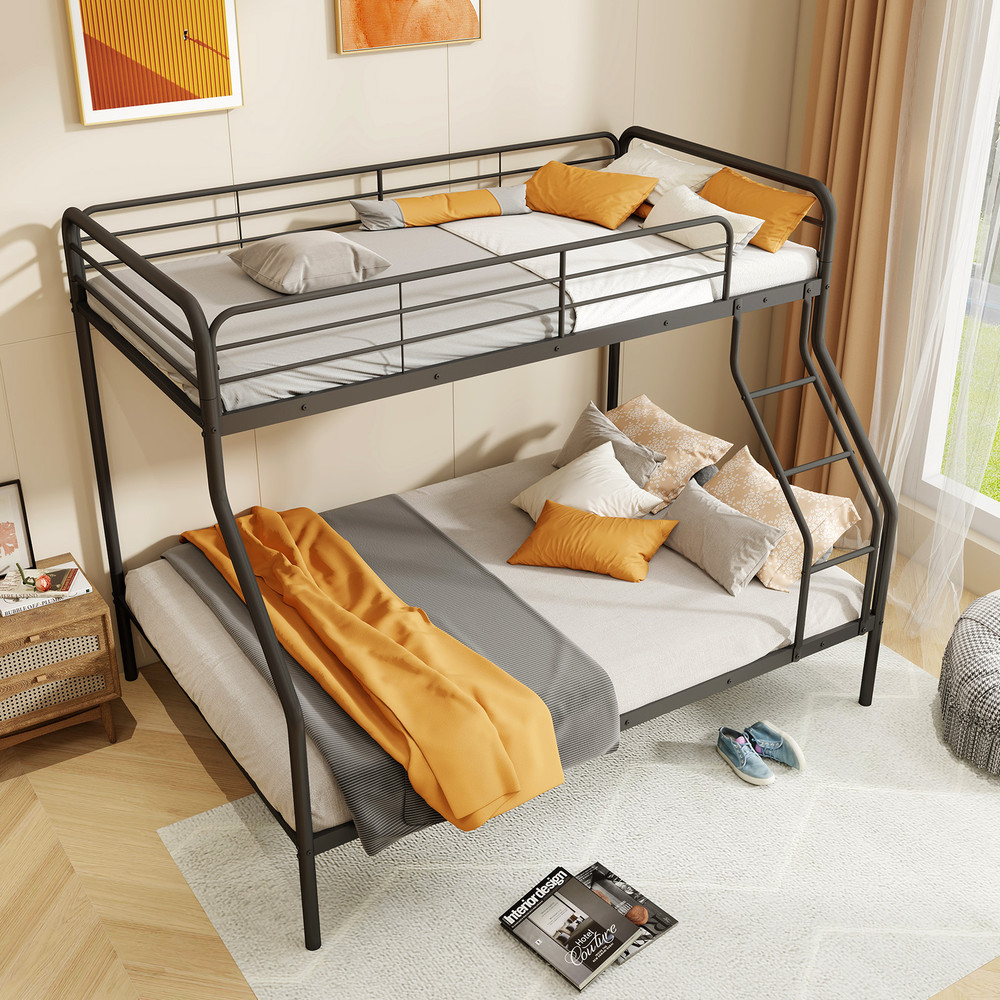 Twin Over Full Bunk Bed with Ladder & Full-Length Guardrails, Space-Saving Metal Frame