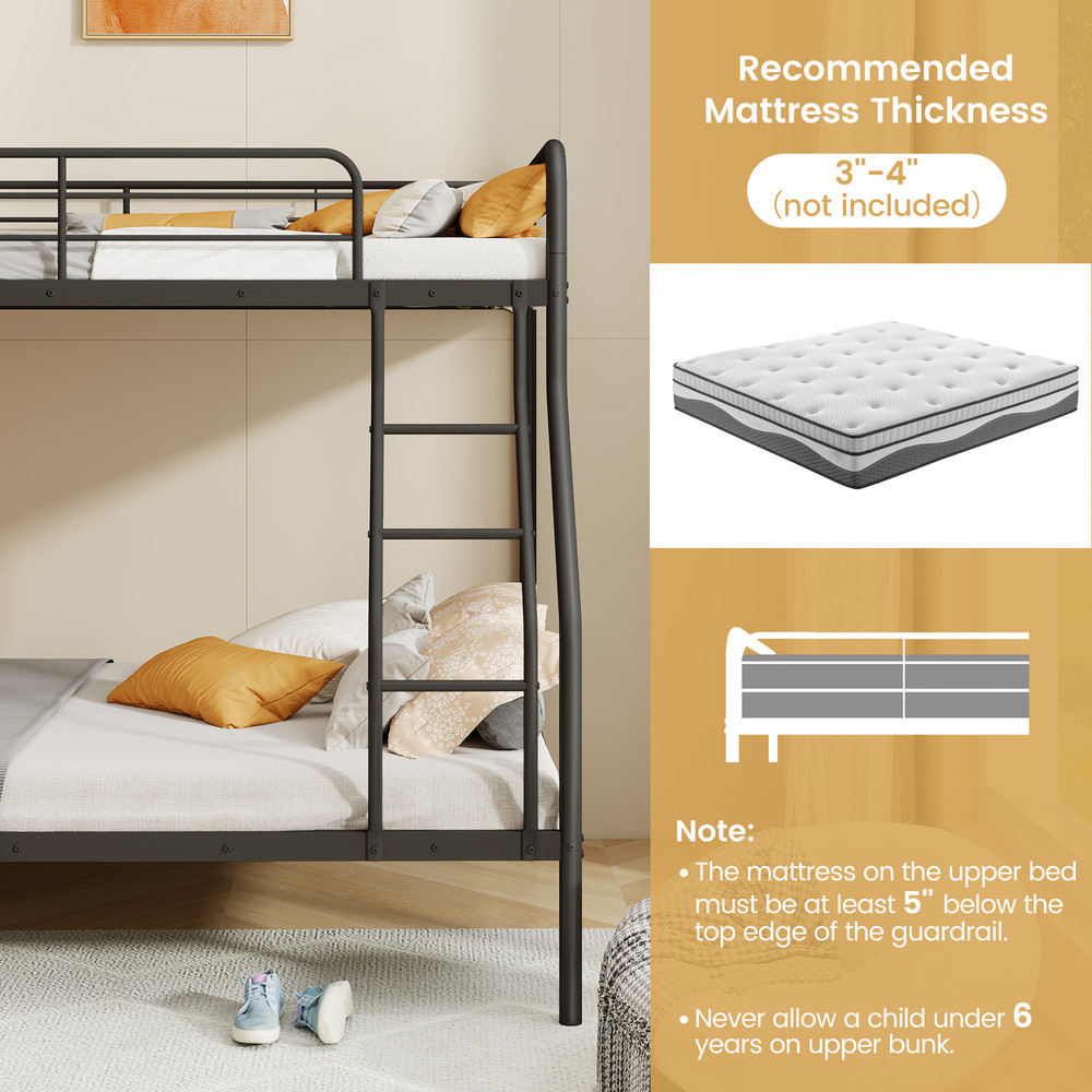 Twin Over Full Bunk Bed with Ladder & Full-Length Guardrails, Space-Saving Metal Frame