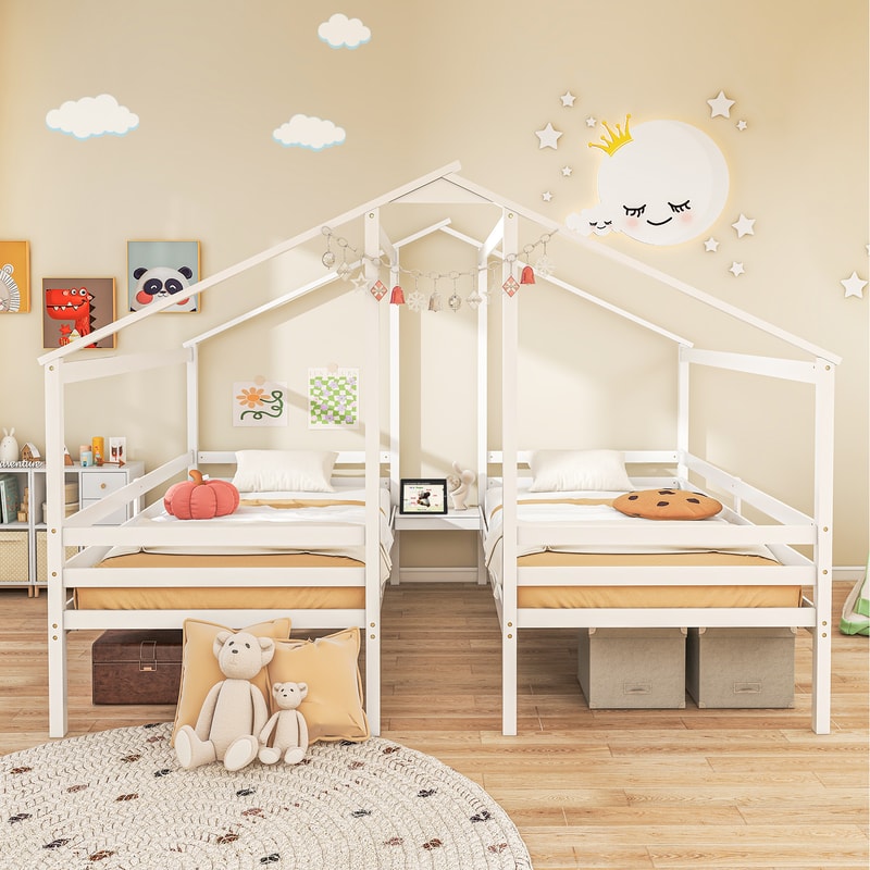 Double Twin Size Wooden Bed Frames with Built-in Table for Kids, House-Shaped Twin Beds with USB Charging Ports