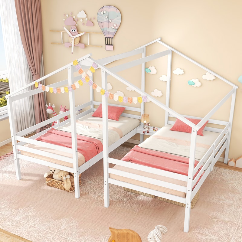 Double Twin Size Wooden Bed Frames with Built-in Table for Kids, House-Shaped Twin Beds with USB Charging Ports