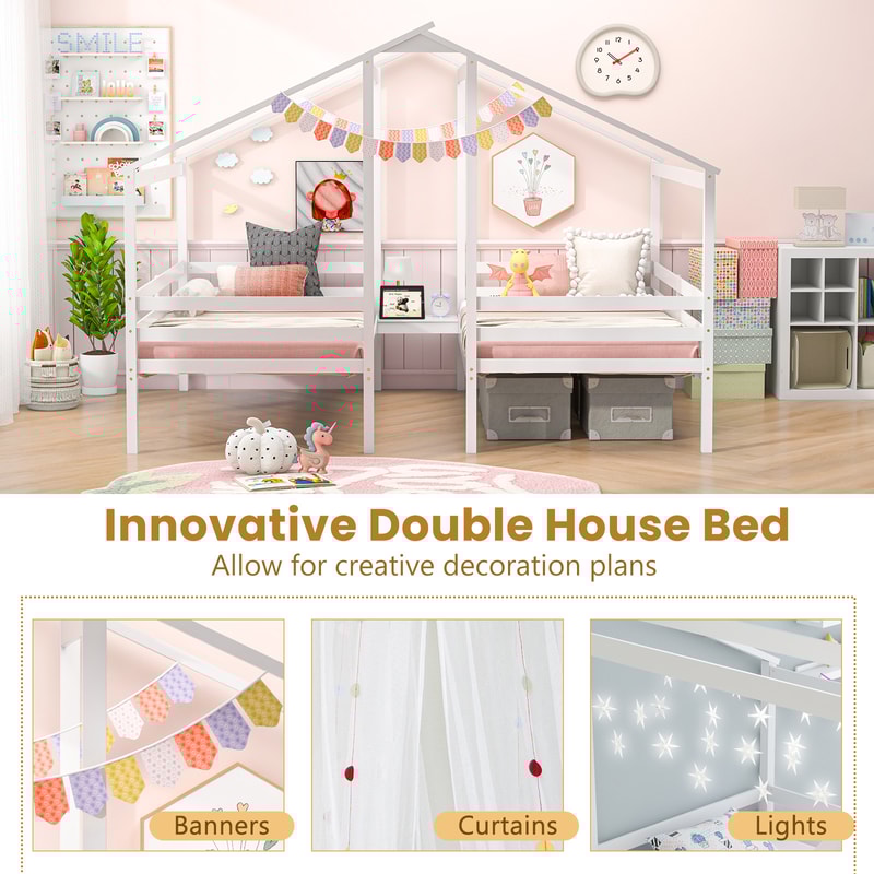 Double Twin Size Wooden Bed Frames with Built-in Table for Kids, House-Shaped Twin Beds with USB Charging Ports