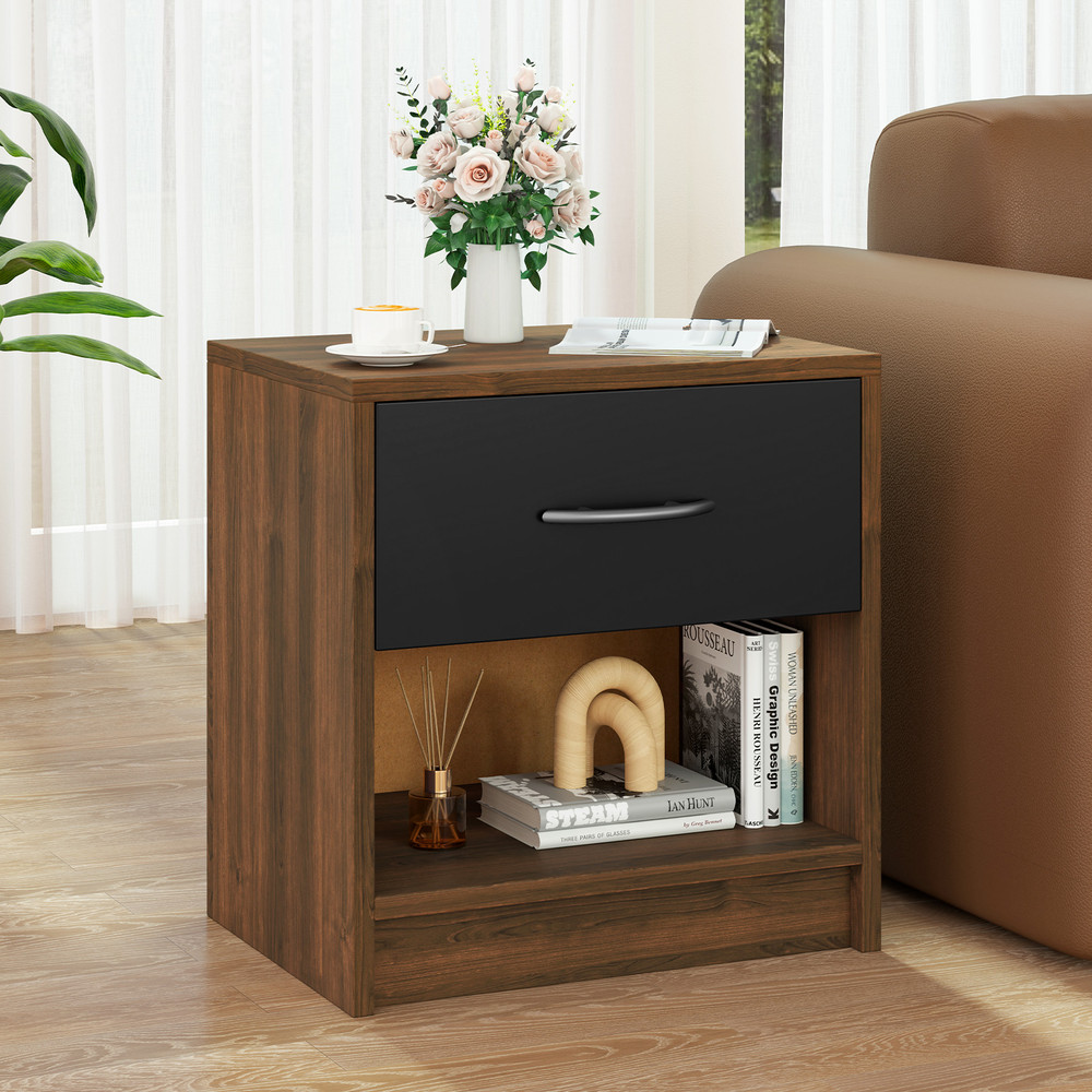 Modern Bedside Table Nightstand with Drawer & Open Storage Shelf – Compact & Stylish