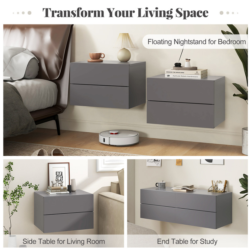 Floating Nightstand with Drawers and Storage Shelf, Space-Saving Wall-Mounted Bedside Table