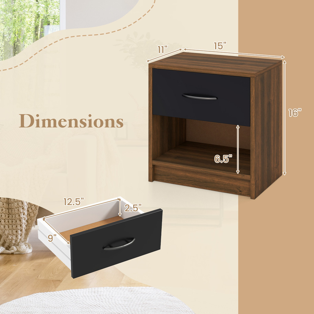 Modern Bedside Table Nightstand with Drawer & Open Storage Shelf – Compact & Stylish