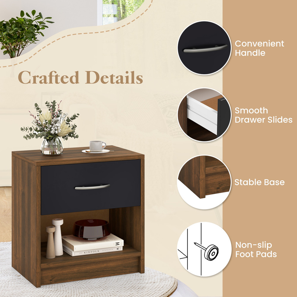Modern Bedside Table Nightstand with Drawer & Open Storage Shelf – Compact & Stylish
