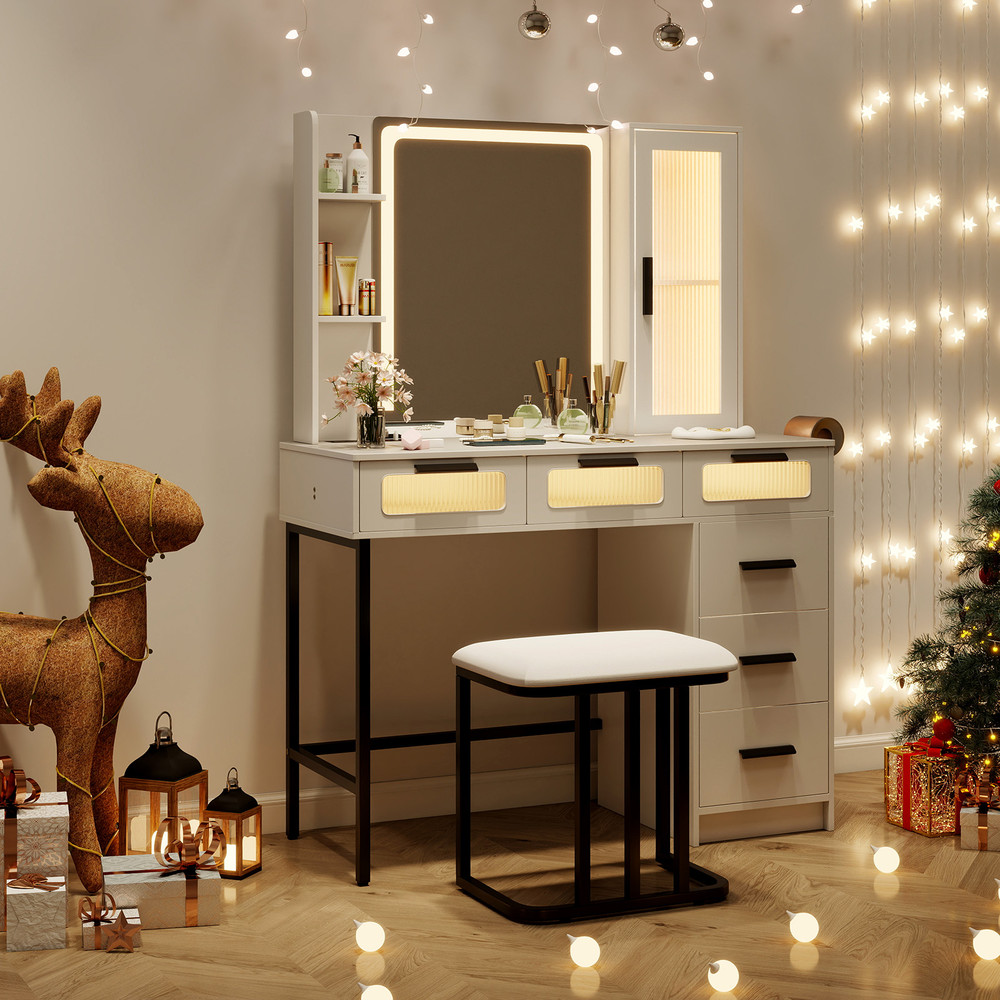 Makeup Vanity Desk with 3-Color Induction LED Lights & 6 Drawers – Built-in Charging Station & Smart Sensor Mirror