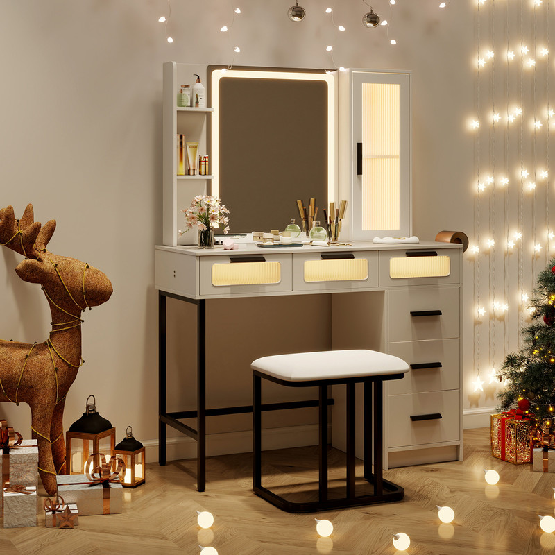 Makeup Vanity Desk with 3-Color Induction LED Lights & 6 Drawers – Built-in Charging Station & Smart Sensor Mirror