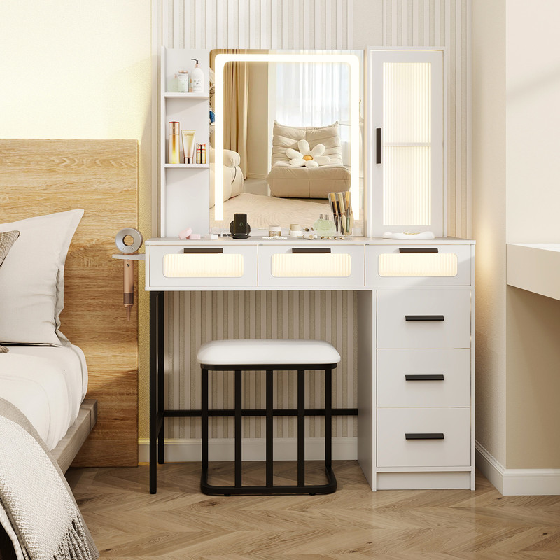 Makeup Vanity Desk with 3-Color Induction LED Lights & 6 Drawers – Built-in Charging Station & Smart Sensor Mirror