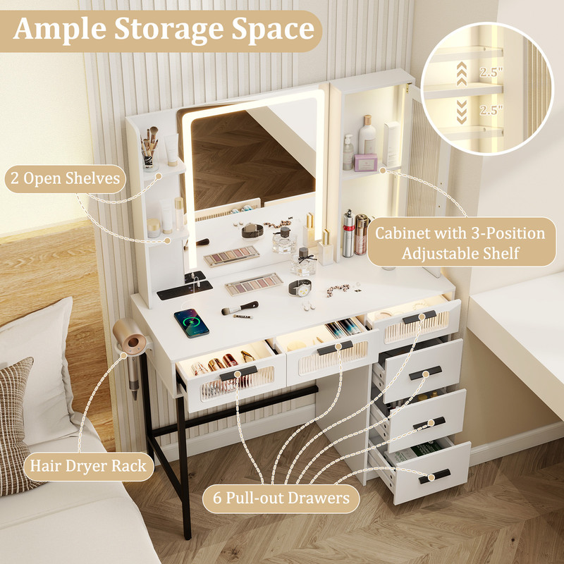 Makeup Vanity Desk with 3-Color Induction LED Lights & 6 Drawers – Built-in Charging Station & Smart Sensor Mirror