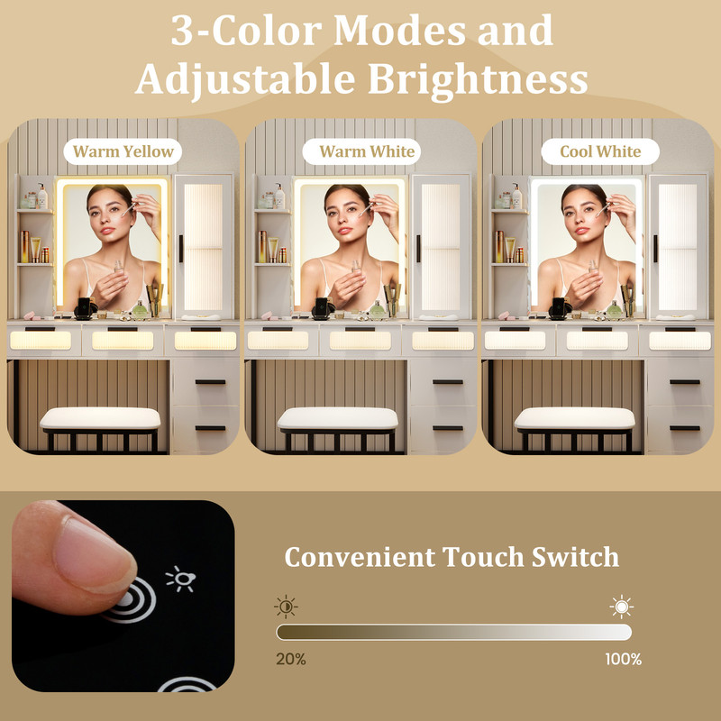 Makeup Vanity Desk with 3-Color Induction LED Lights & 6 Drawers – Built-in Charging Station & Smart Sensor Mirror
