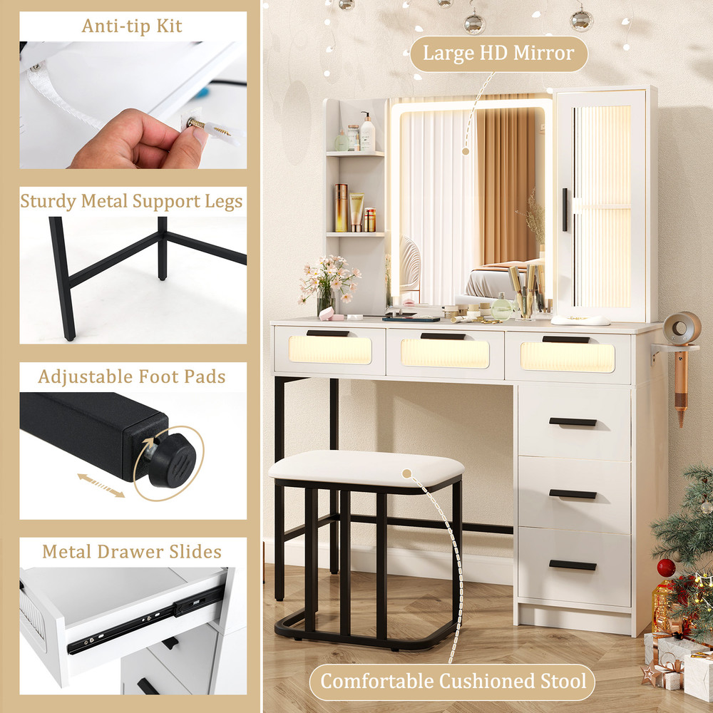 Makeup Vanity Desk with 3-Color Induction LED Lights & 6 Drawers – Built-in Charging Station & Smart Sensor Mirror