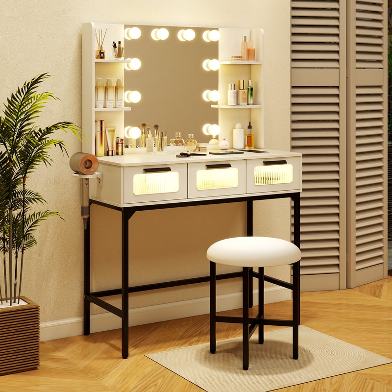 Bedroom Makeup Vanity Desk with Hollywood Mirror & LED Lights, Touch Control & Charging Station
