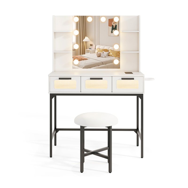 Bedroom Makeup Vanity Desk with Hollywood Mirror & LED Lights, Touch Control & Charging Station