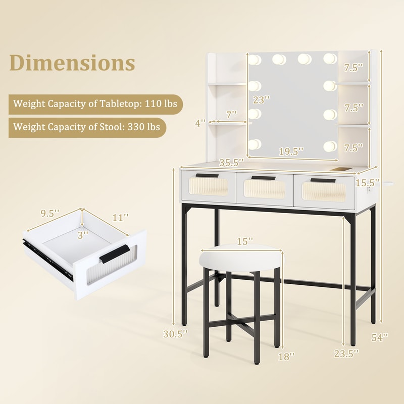 Bedroom Makeup Vanity Desk with Hollywood Mirror & LED Lights, Touch Control & Charging Station