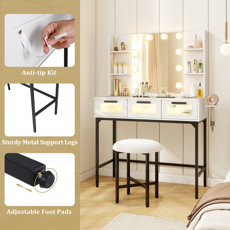 Bedroom Makeup Vanity Desk with Hollywood Mirror & LED Lights, Touch Control & Charging Station