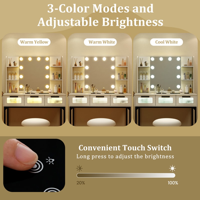 Bedroom Makeup Vanity Desk with Hollywood Mirror & LED Lights, Touch Control & Charging Station