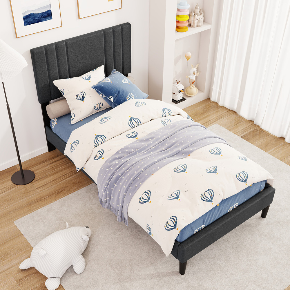 Full/Queen/Twin Size Bed Frame with Vertical Channel Tufted Headboard & Wooden Slats – Sturdy Upholstered Platform Bed