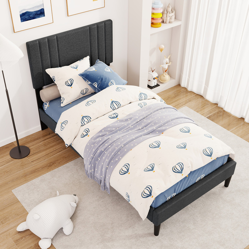 Full/Queen/Twin Size Bed Frame with Vertical Channel Tufted Headboard & Wooden Slats – Sturdy Upholstered Platform Bed