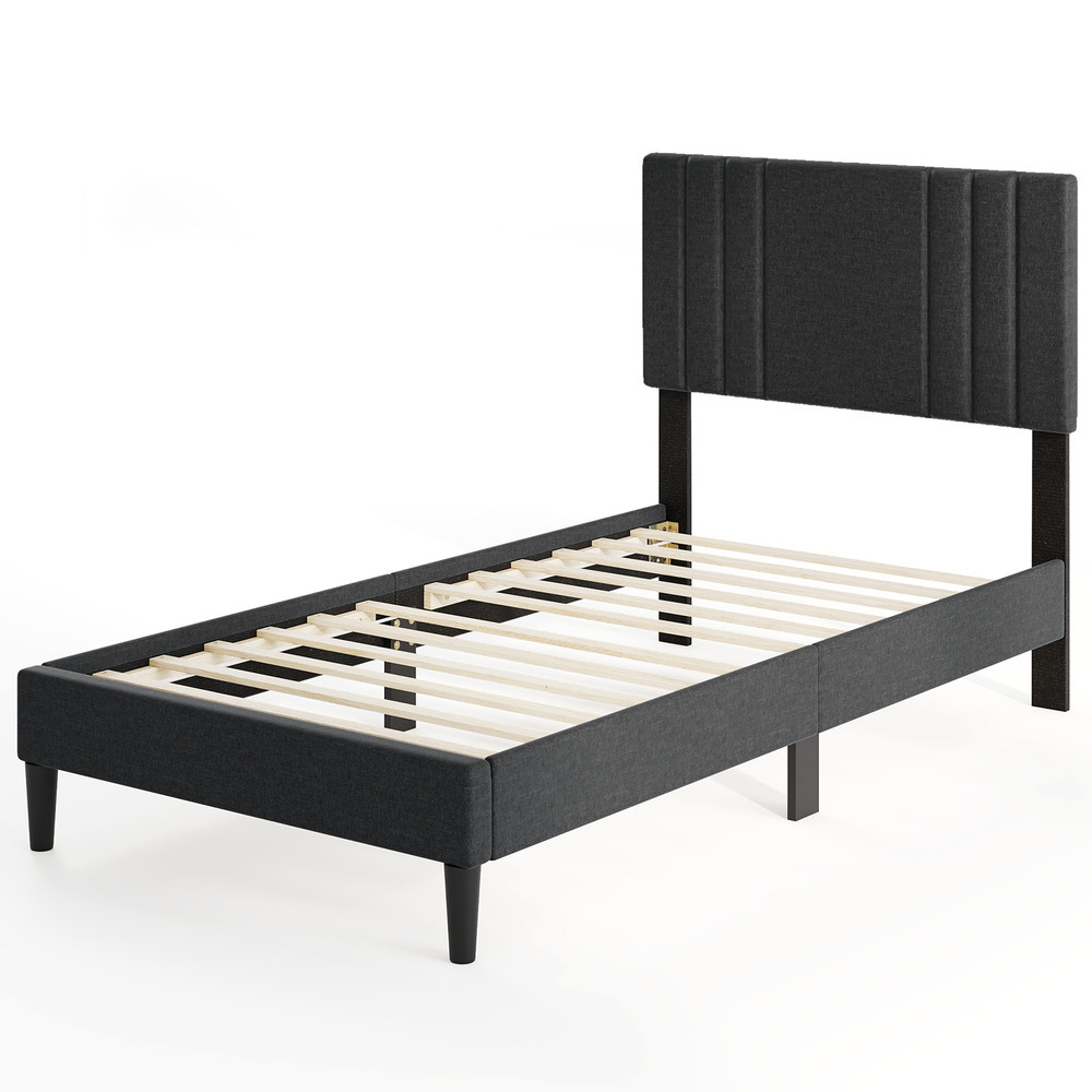 Full/Queen/Twin Size Bed Frame with Vertical Channel Tufted Headboard & Wooden Slats – Sturdy Upholstered Platform Bed