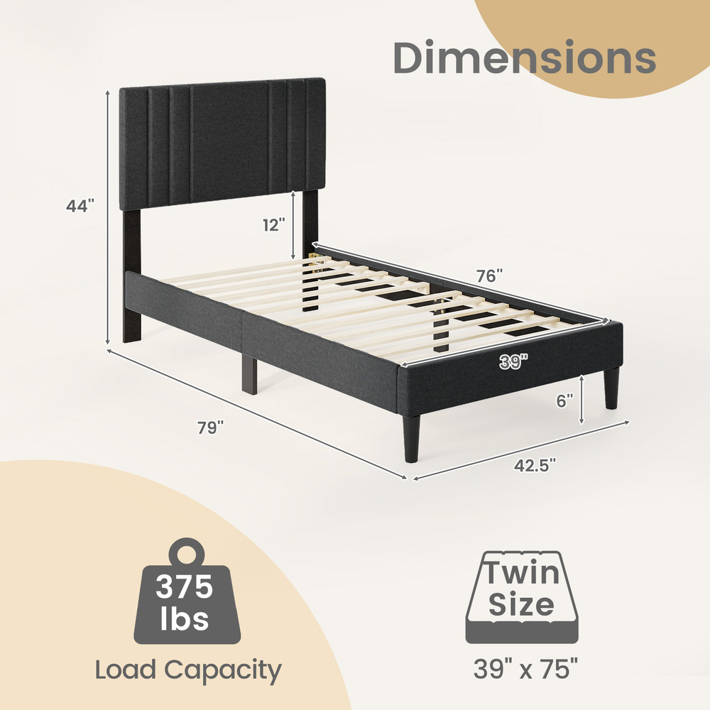 Full/Queen/Twin Size Bed Frame with Vertical Channel Tufted Headboard & Wooden Slats – Sturdy Upholstered Platform Bed