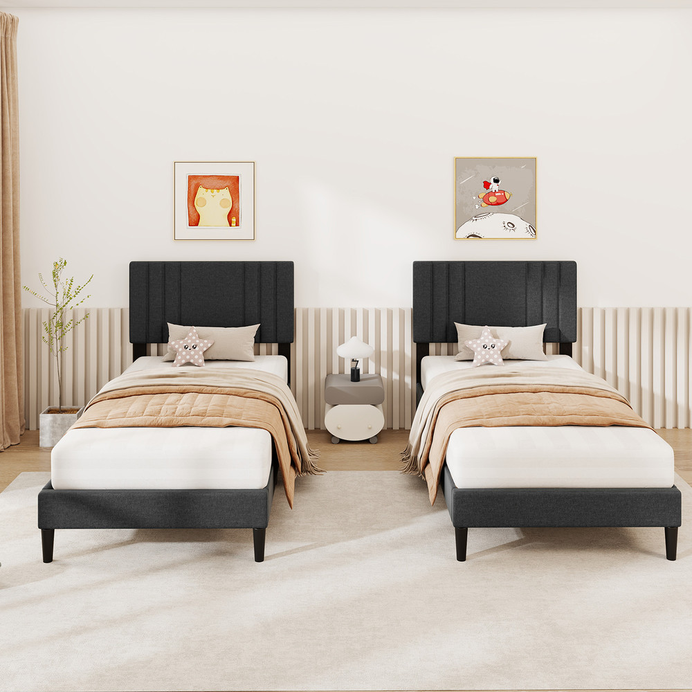 Full/Queen/Twin Size Bed Frame with Vertical Channel Tufted Headboard & Wooden Slats – Sturdy Upholstered Platform Bed