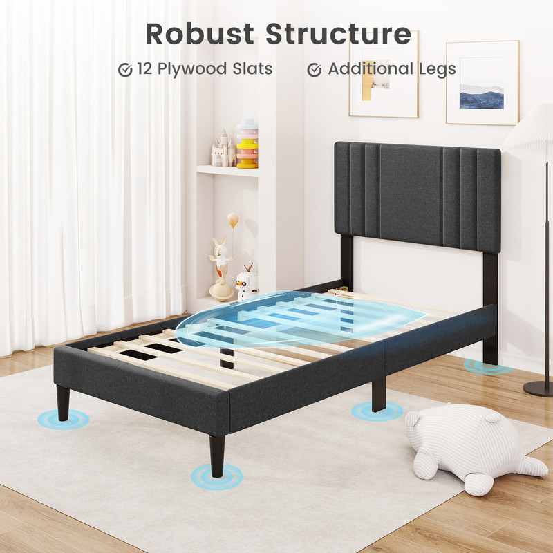 Full/Queen/Twin Size Bed Frame with Vertical Channel Tufted Headboard & Wooden Slats – Sturdy Upholstered Platform Bed