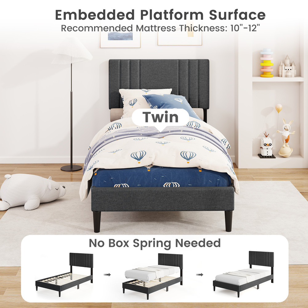Full/Queen/Twin Size Bed Frame with Vertical Channel Tufted Headboard & Wooden Slats – Sturdy Upholstered Platform Bed