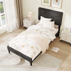 twin/full/queen size upholstered platform bed frame with high headboard – modern & sturdy support