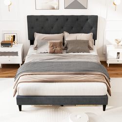 gray upholstered platform bed with tufted headboard & wooden slats – sturdy & stylish