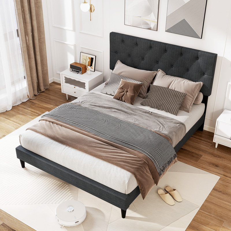 Gray Upholstered Platform Bed with Tufted Headboard & Wooden Slats – Sturdy & Stylish