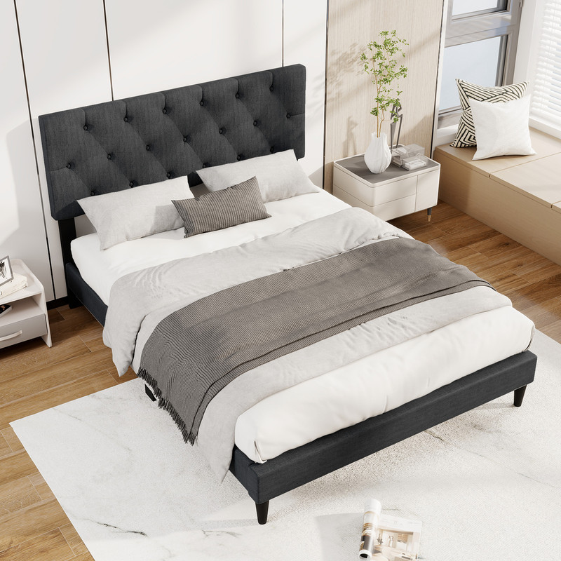 Gray Upholstered Platform Bed with Tufted Headboard & Wooden Slats – Sturdy & Stylish
