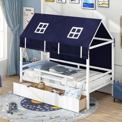 twin house bed with tent & 2 storage drawers – kids play & sleep loft bed