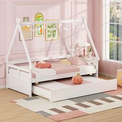twin size house bed with trundle & safety guardrail, kids wooden playhouse bed frame